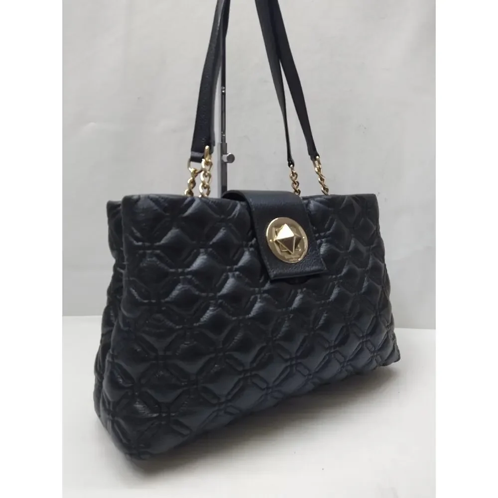 Kate Spade Black Leather Quilted Chain Strap Turnlock Satchel Shoulder Bag
